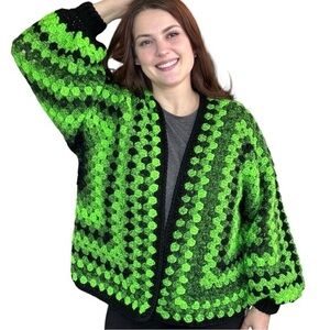 Handcrafted Crochet Cardigan Sweater Granny Stitch Wide Sleeve Green and Black